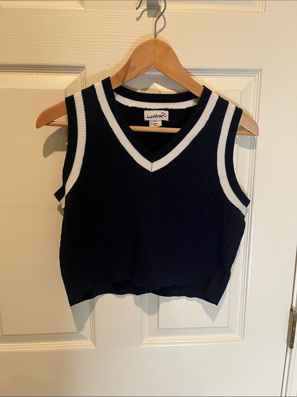 Link Navy Cable-Knit V-Neck Tank with White Trim